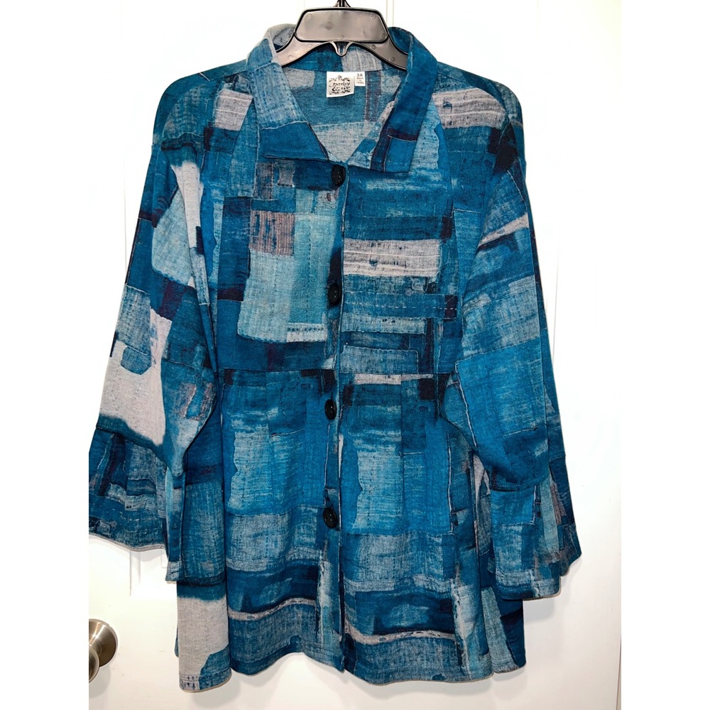 Paisley & Sage Blue Abstract Patchwork Button Down Jacket Women 3X Bell Sleeve
